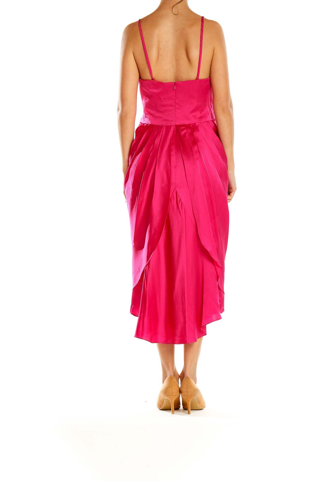 Side view of hot pink satin midi dress showing high-low hem