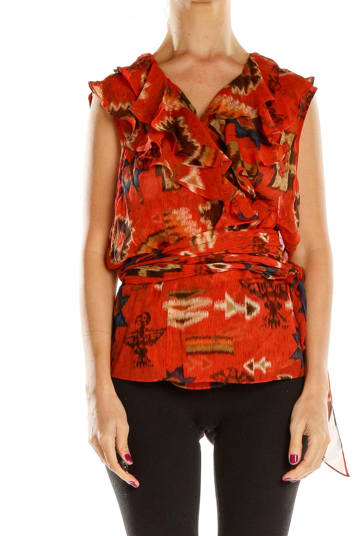 Front view of Lauren Ralph Lauren red floral ruffled wrap top
