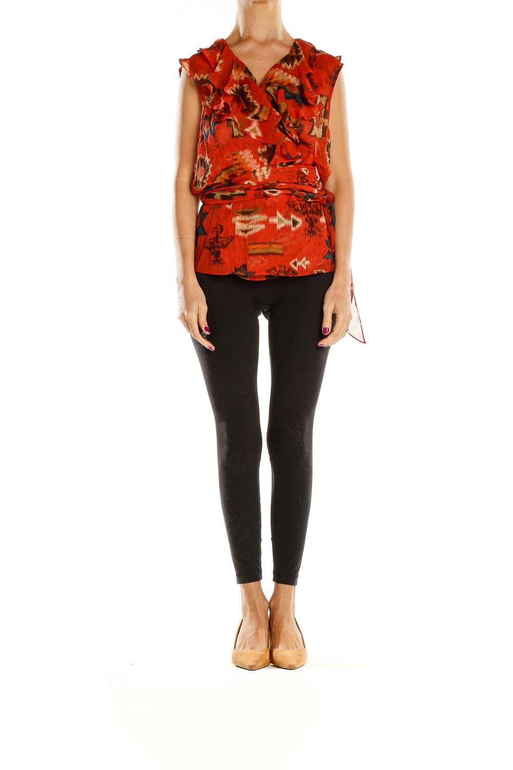 Front view of Lauren Ralph Lauren red floral ruffled wrap top