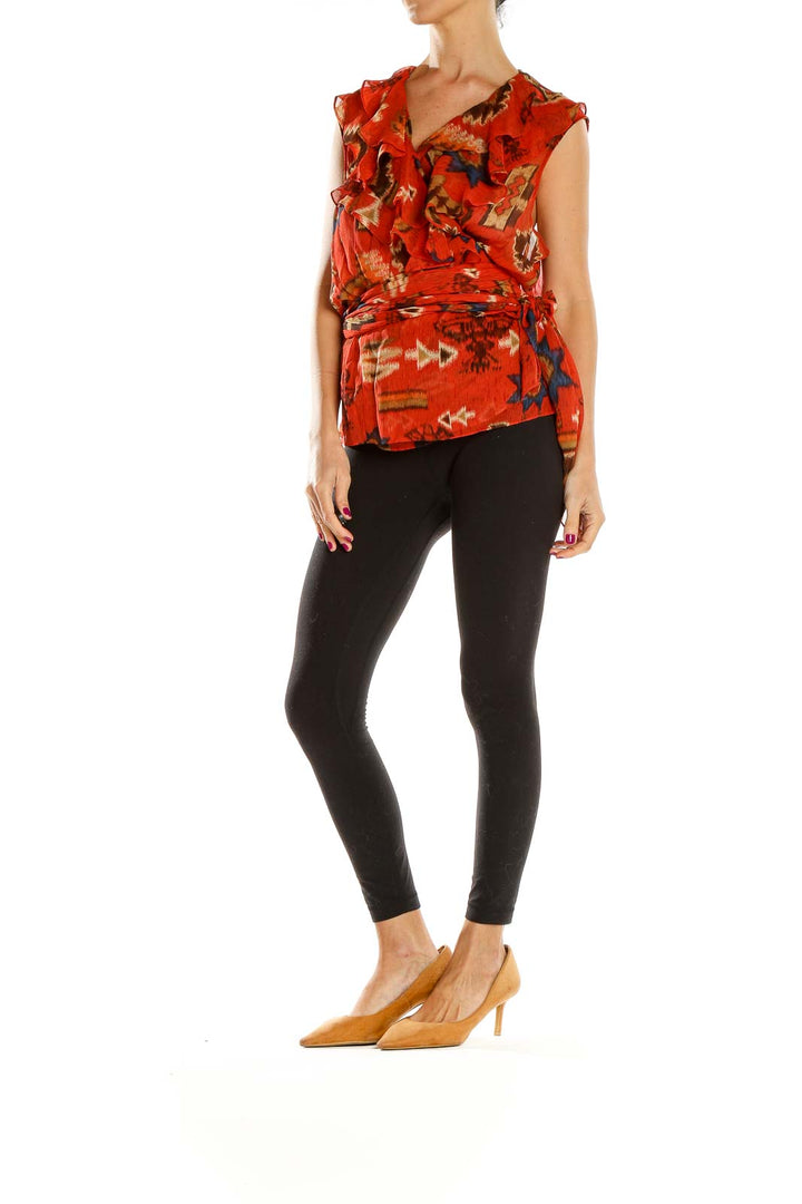 Front view of Lauren Ralph Lauren red floral ruffled wrap top