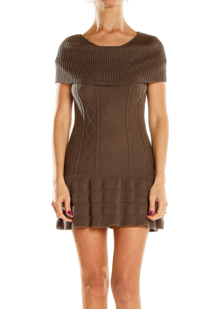 Front view of brown cable knit off-shoulder sweater dress by SilkRoll