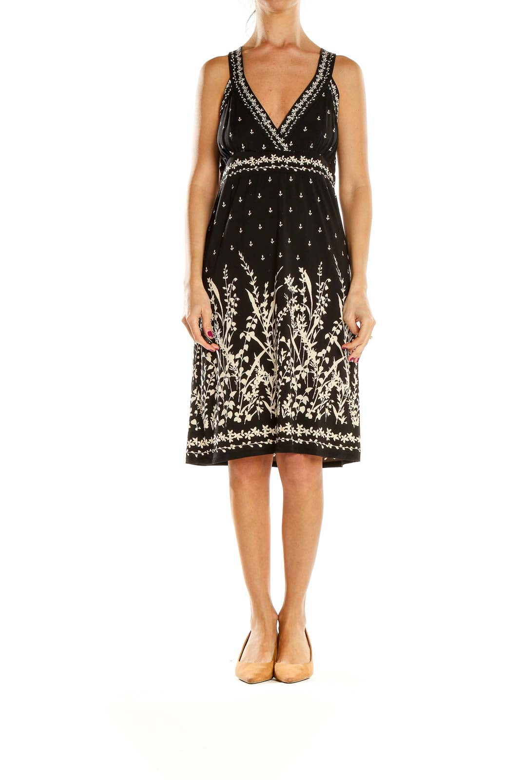 Front view of Max Studio black dress with floral embroidery and beaded v-neckline