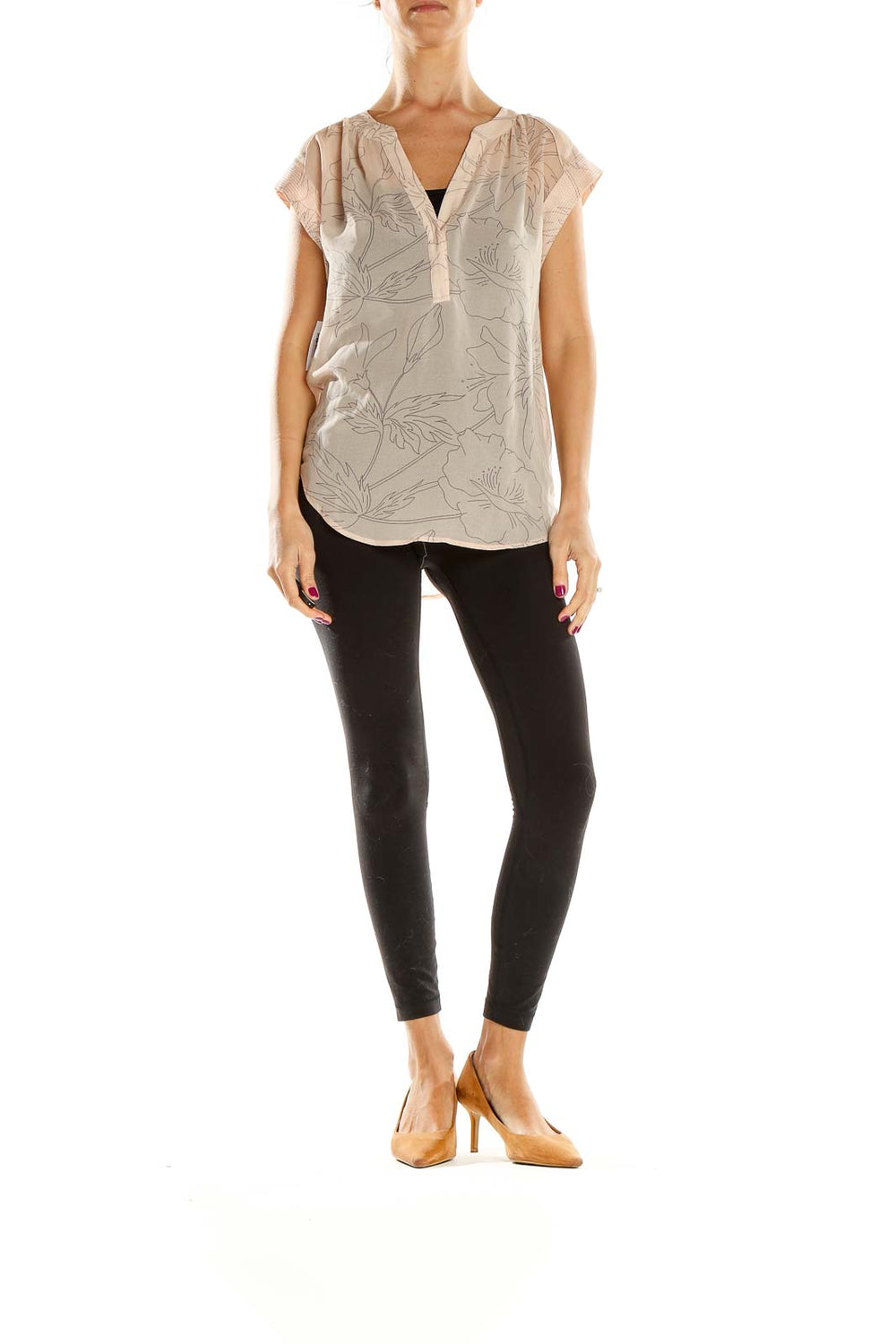 Front view of beige floral print V-neck blouse from BANANA REPUBLIC heritage