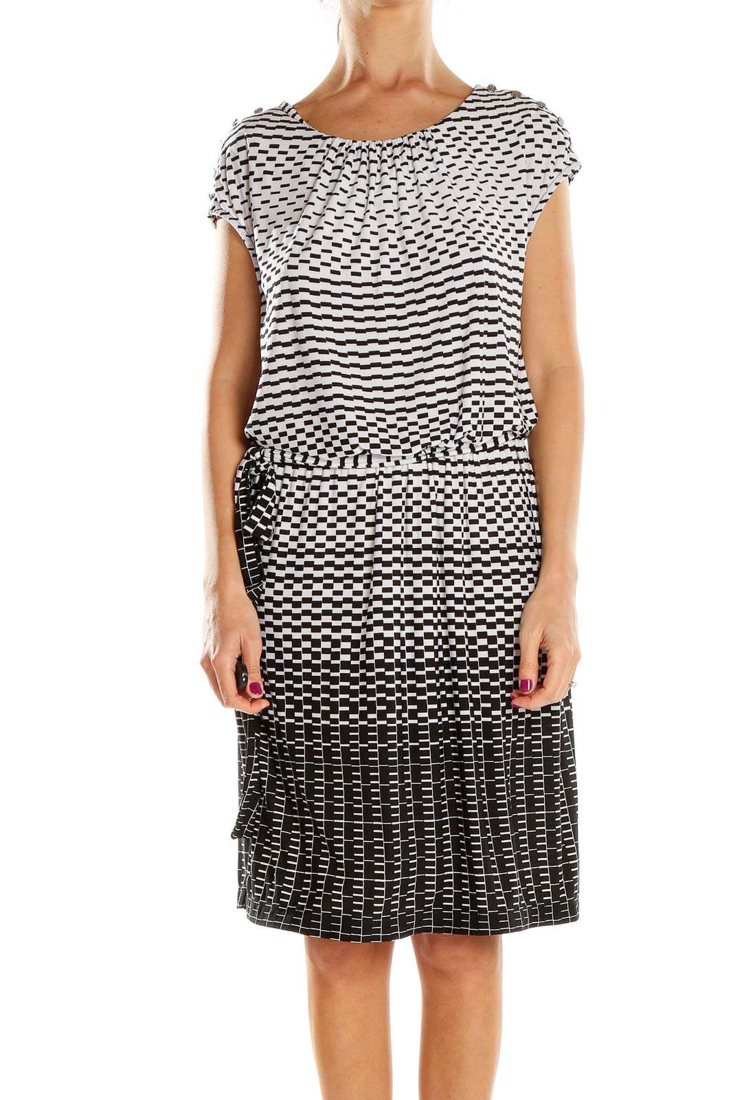 Front view of Guess black and white geometric print dress with gathered neckline