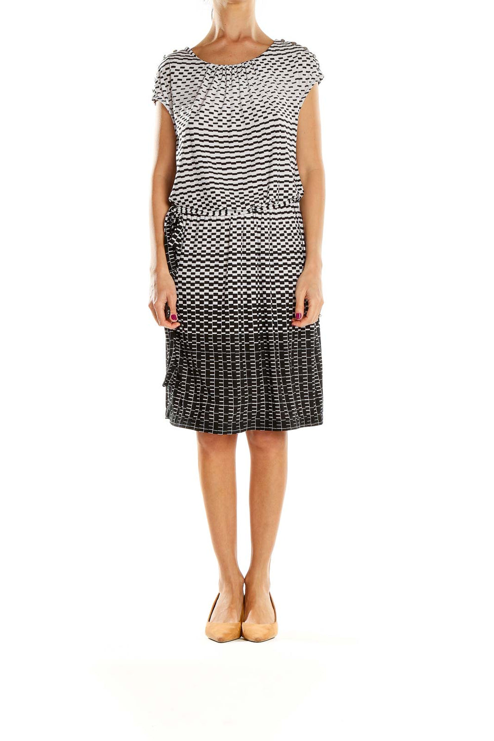 Front view of Guess black and white geometric print dress with gathered neckline