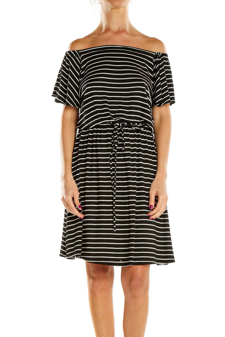 Front view of Ann Taylor LOFT black and white striped off-shoulder dress