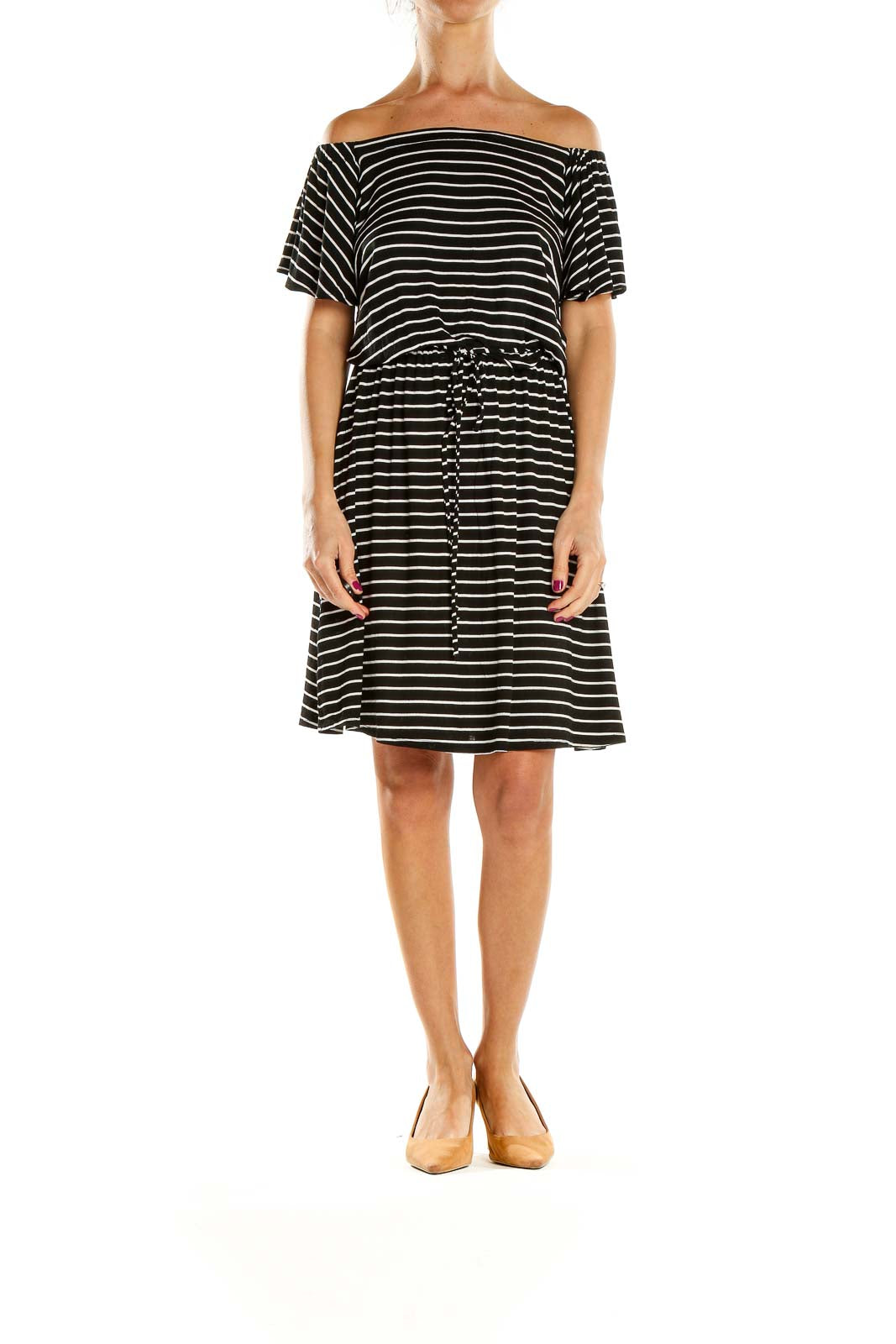 Front view of Ann Taylor LOFT black and white striped off-shoulder dress