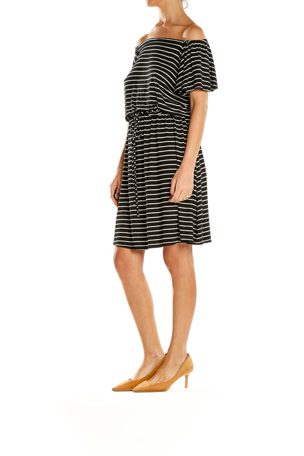 Front view of Ann Taylor LOFT black and white striped off-shoulder dress
