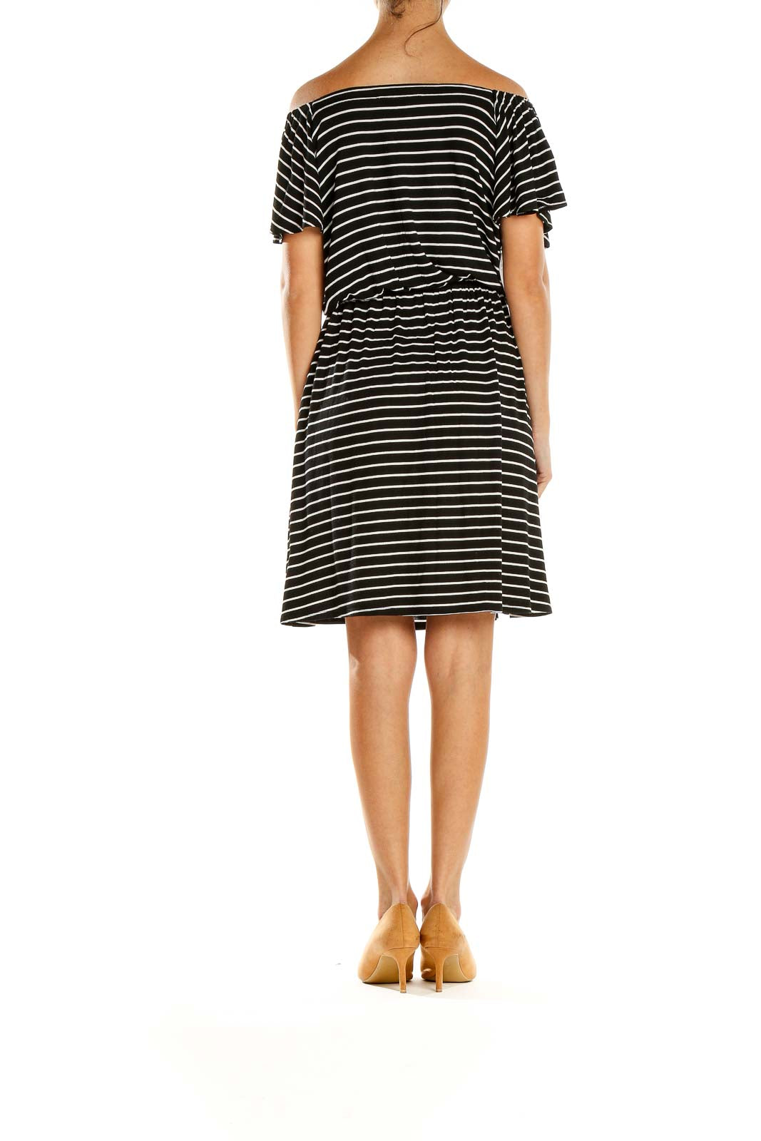 Side view of Ann Taylor LOFT black and white striped off-shoulder dress