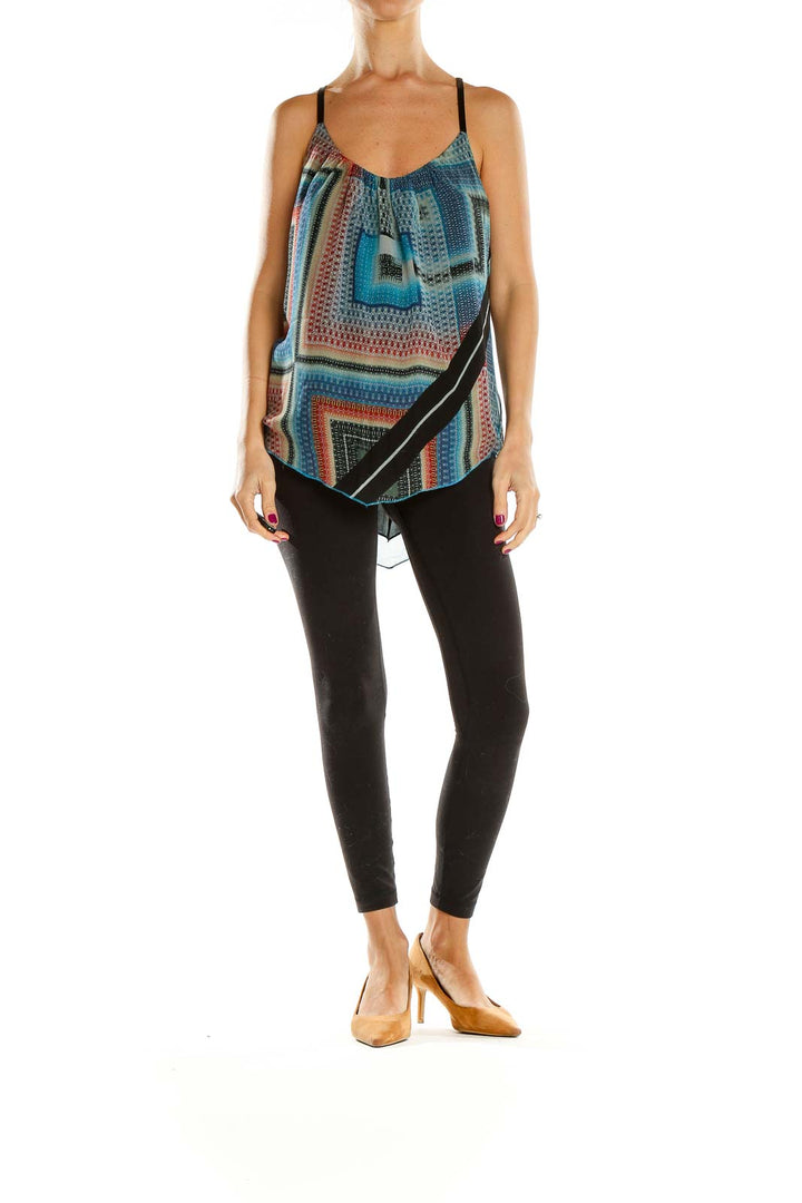 Front view of Twelfth Street By Cynthia Vincent multicolor geometric print camisole top