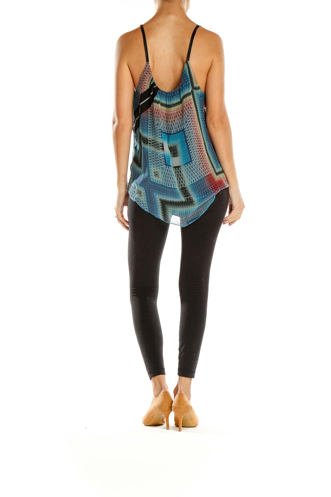 Back view of Twelfth Street By Cynthia Vincent multicolor geometric print camisole top with model