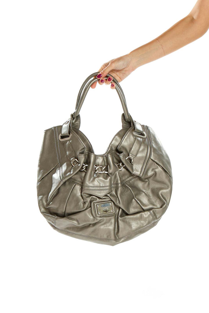 Front view of Nine West metallic gray hobo shoulder bag with gathered design