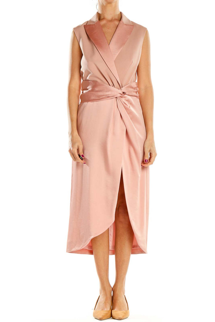 Front view of Jonathan Simkhai blush satin wrap midi dress