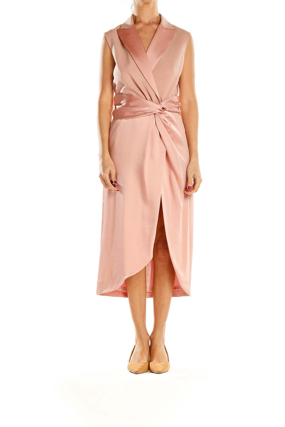Front view of Jonathan Simkhai blush satin wrap midi dress