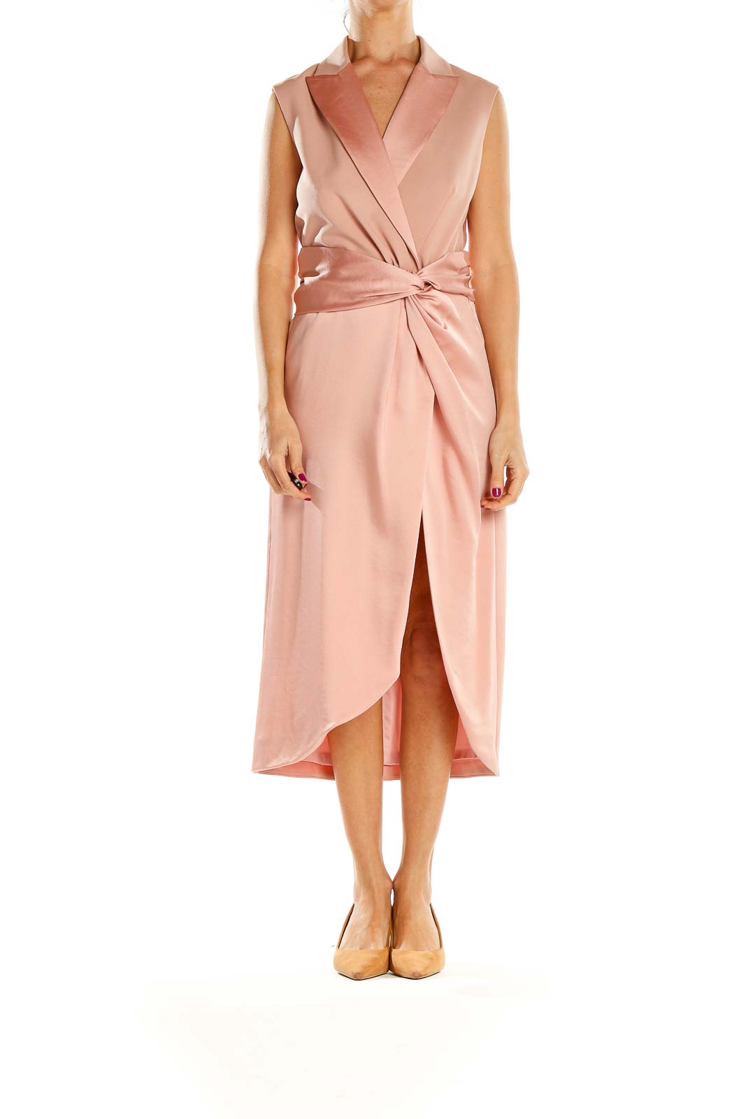 Front view of Jonathan Simkhai blush satin wrap midi dress