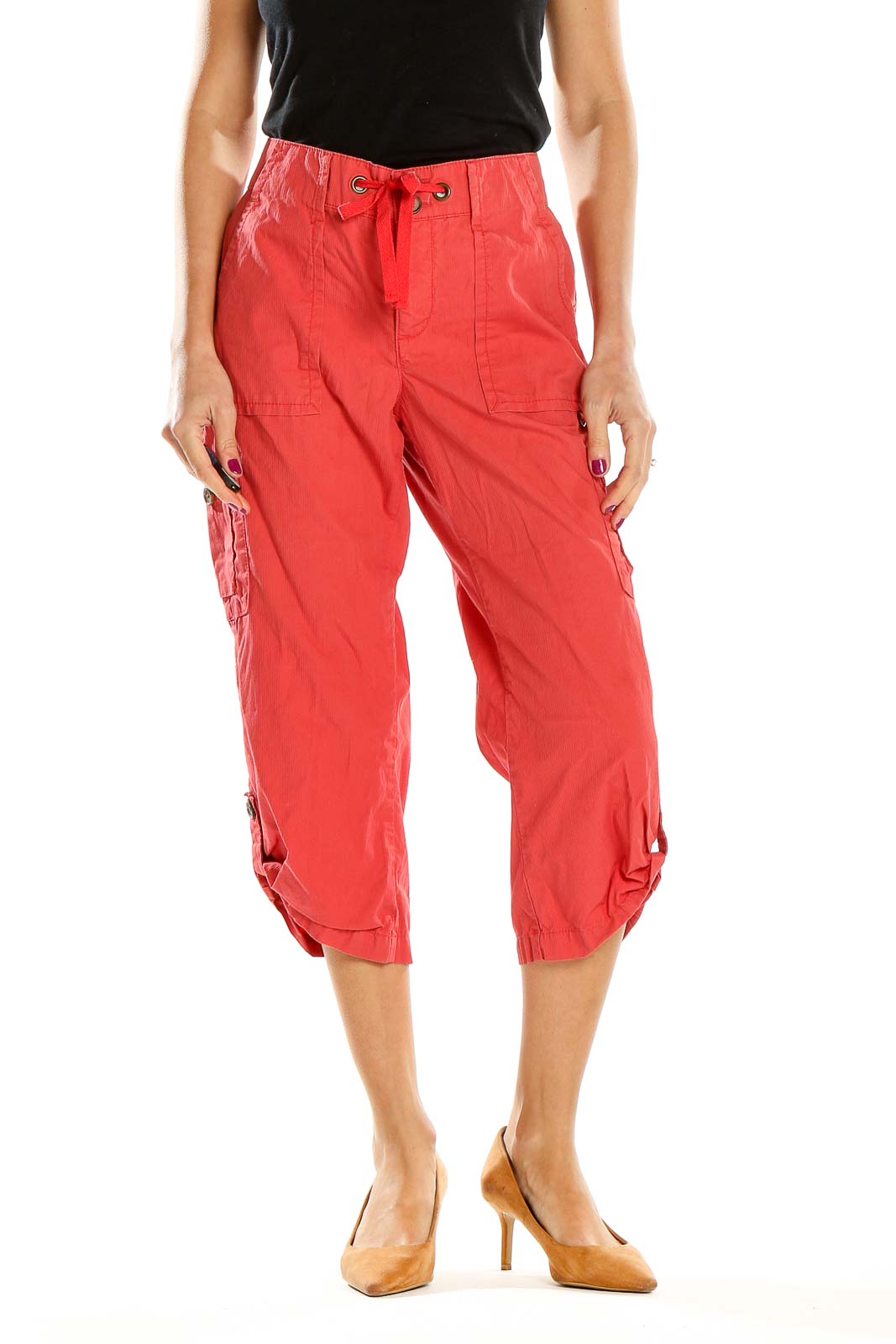 Front view of red Lee cargo capri pants with side pockets