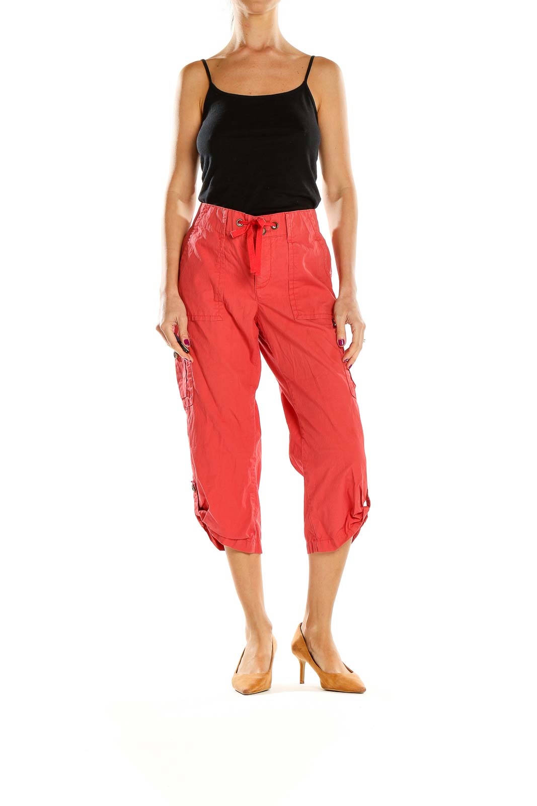 Front view of red Lee cargo capri pants with side pockets