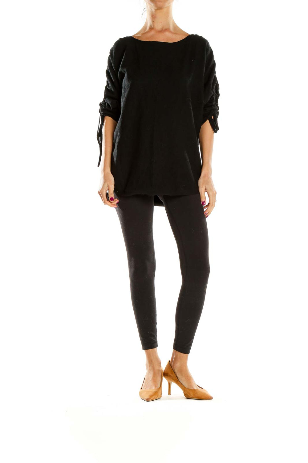 Front view of Max Studio black oversized knit sweater with ruched sleeves