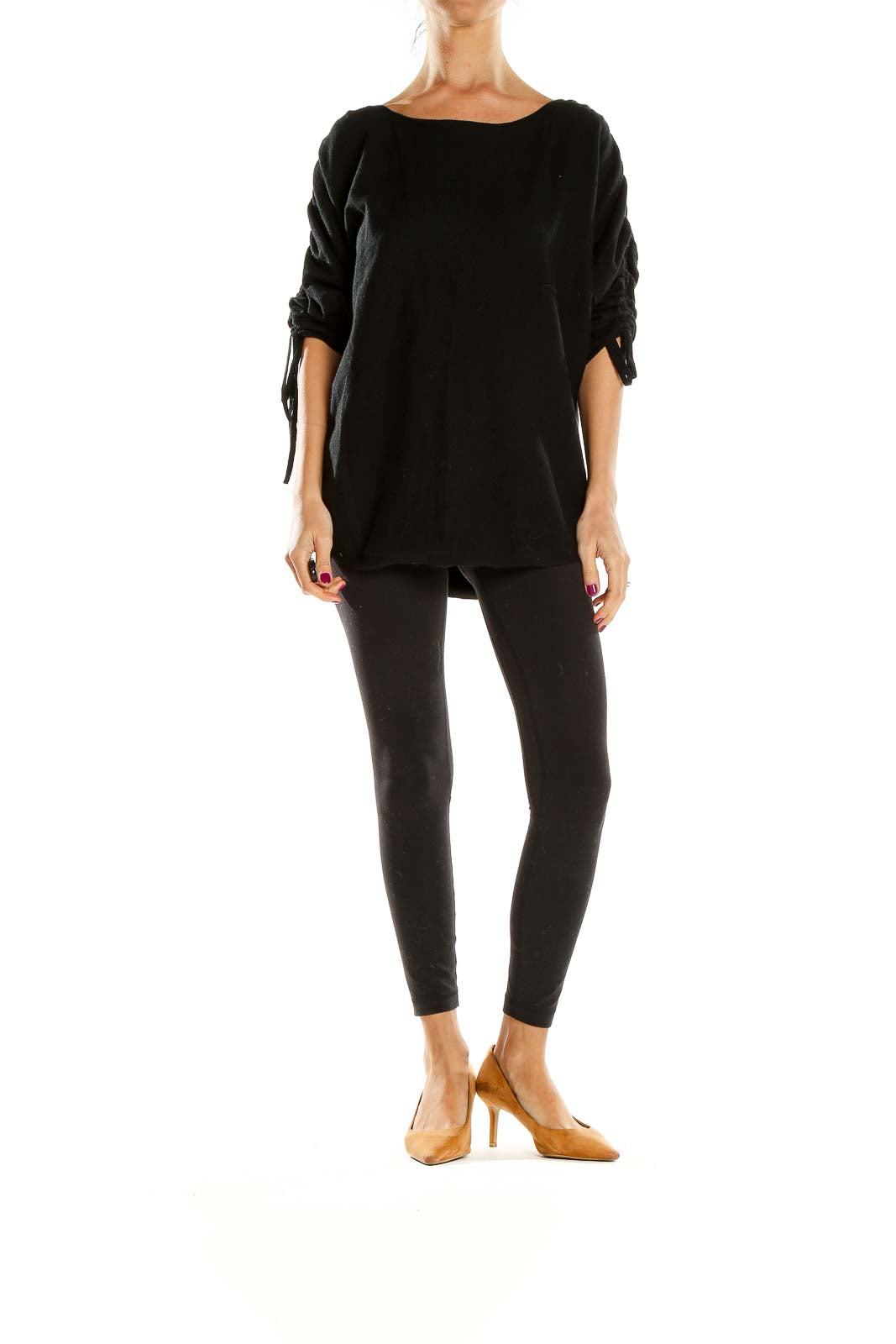 Front view of Max Studio black oversized knit sweater with ruched sleeves