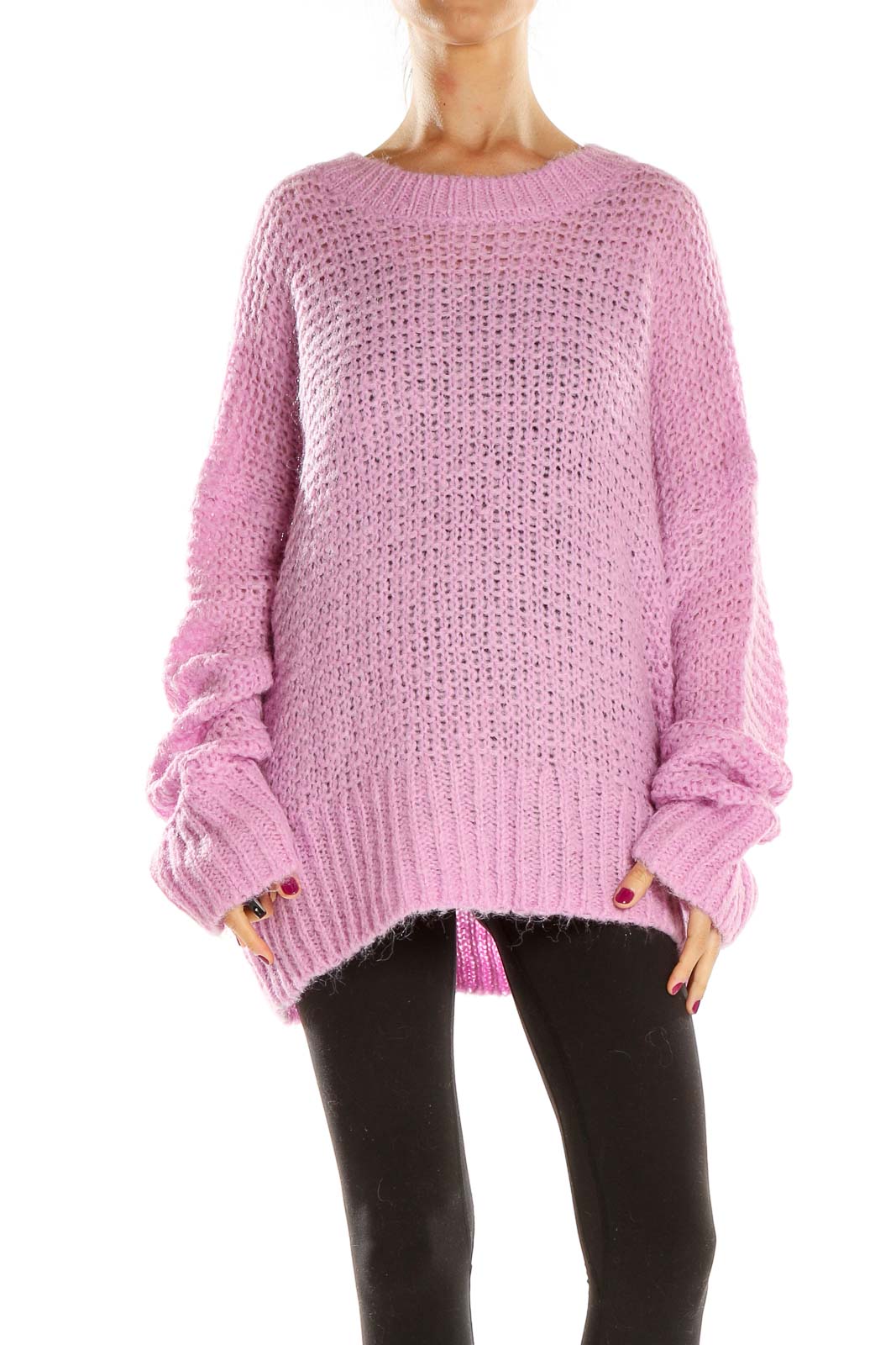 Front view of pink oversized chunky knit sweater by Chelsea28