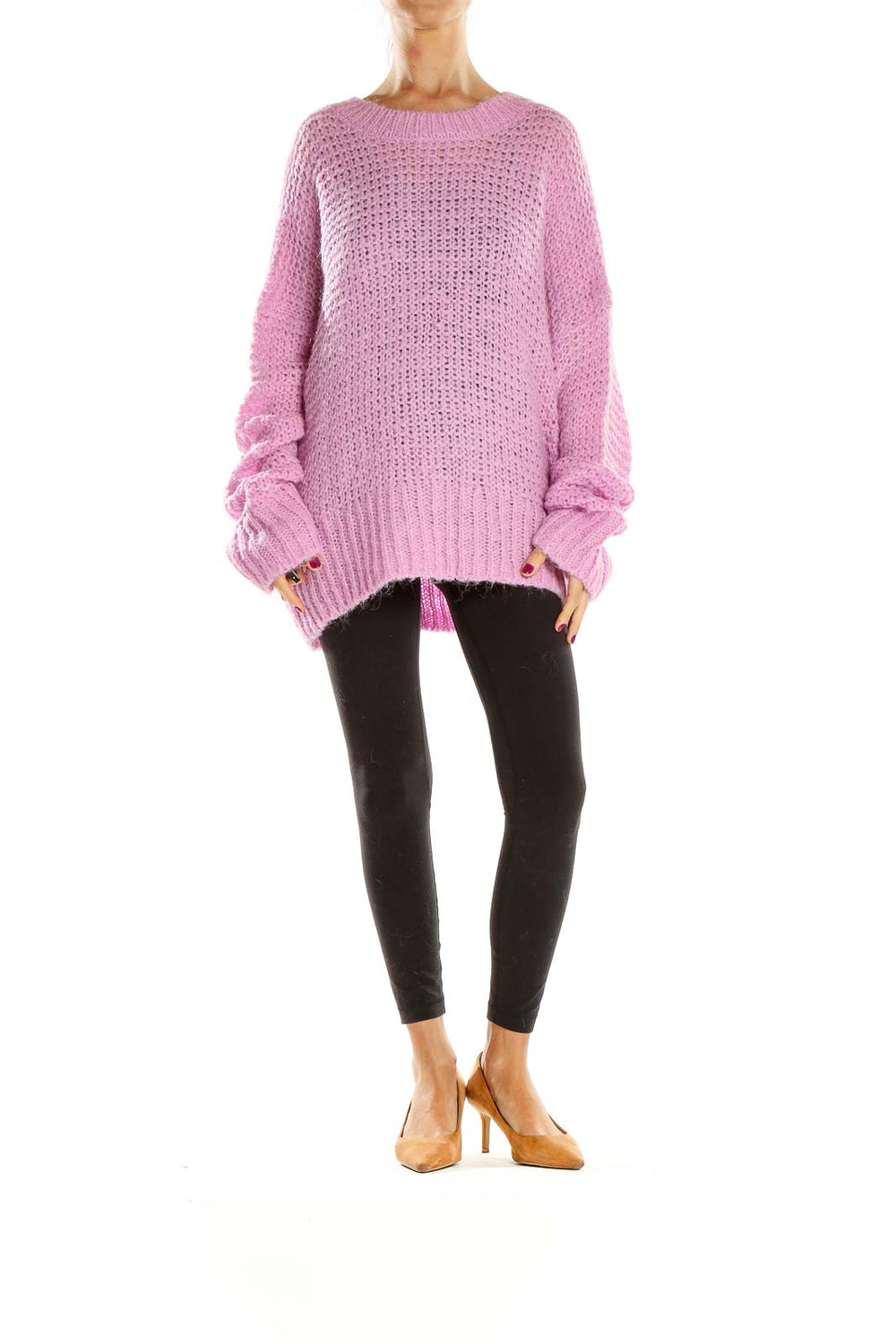 Front view of pink oversized chunky knit sweater by Chelsea28