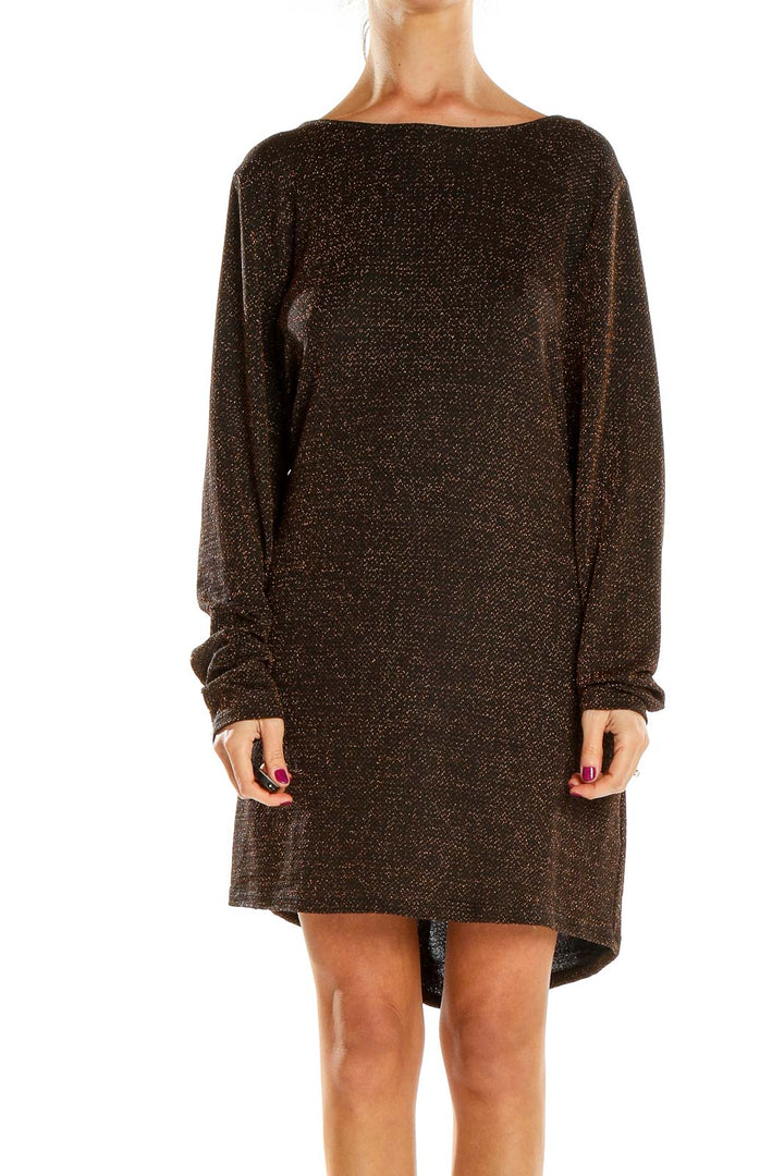 Front view of MICHAEL Michael Kors brown sparkly knit sweater dress