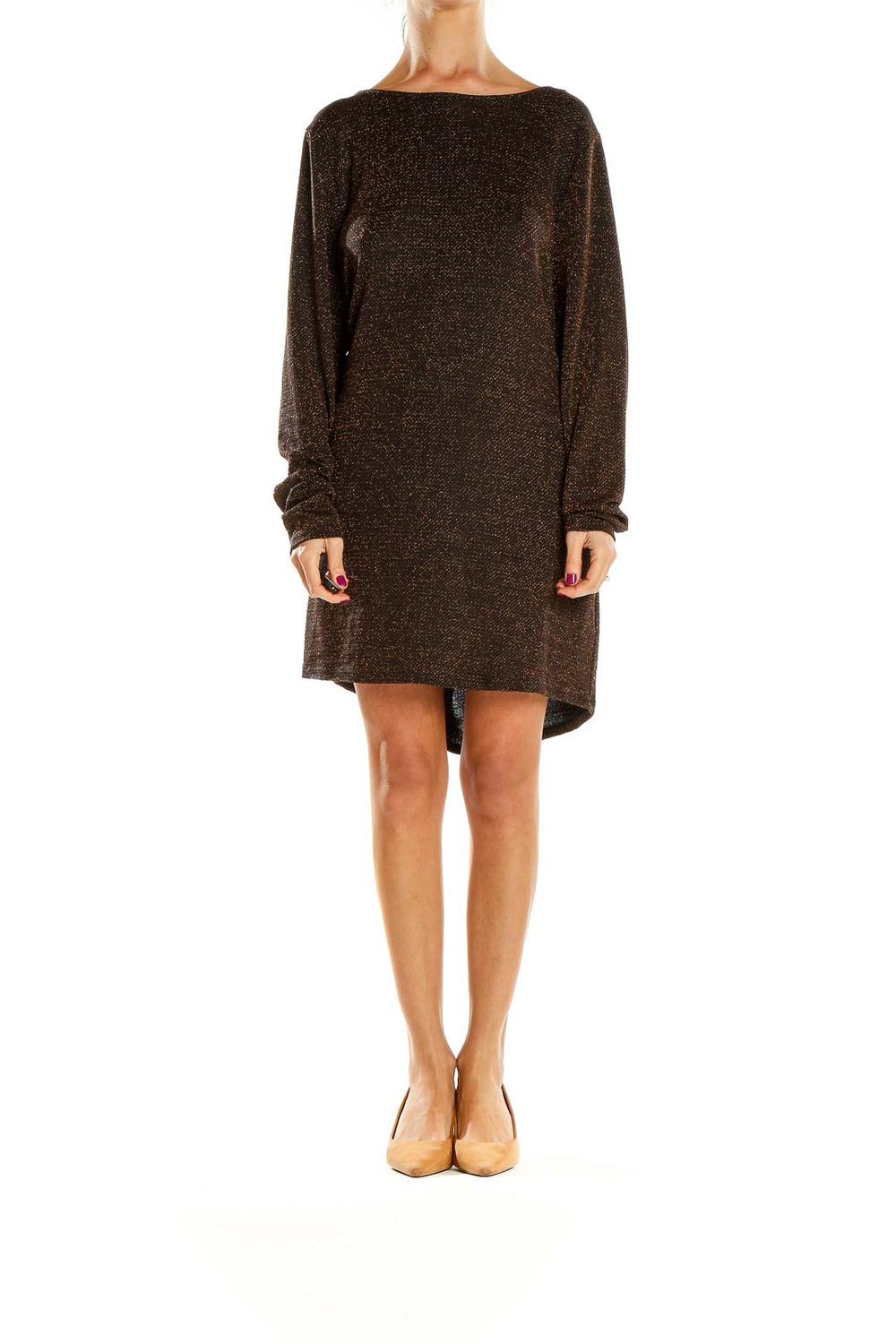Front view of MICHAEL Michael Kors brown sparkly knit sweater dress
