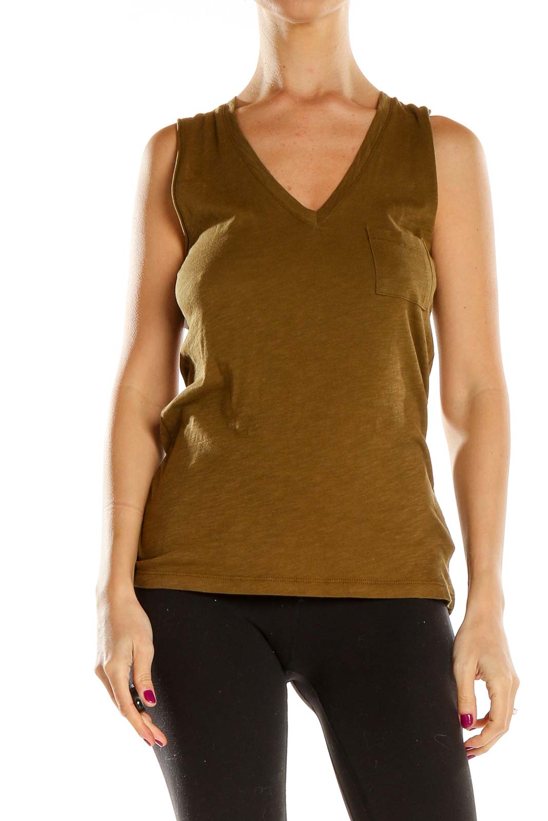 Front view of Madewell olive V-neck sleeveless top with pocket detail