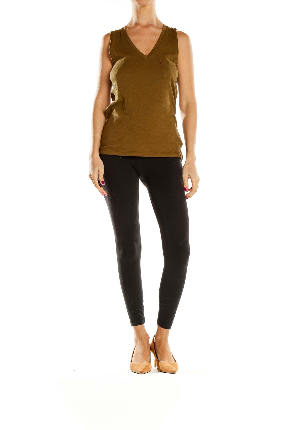 Front view of Madewell olive V-neck sleeveless top with pocket detail