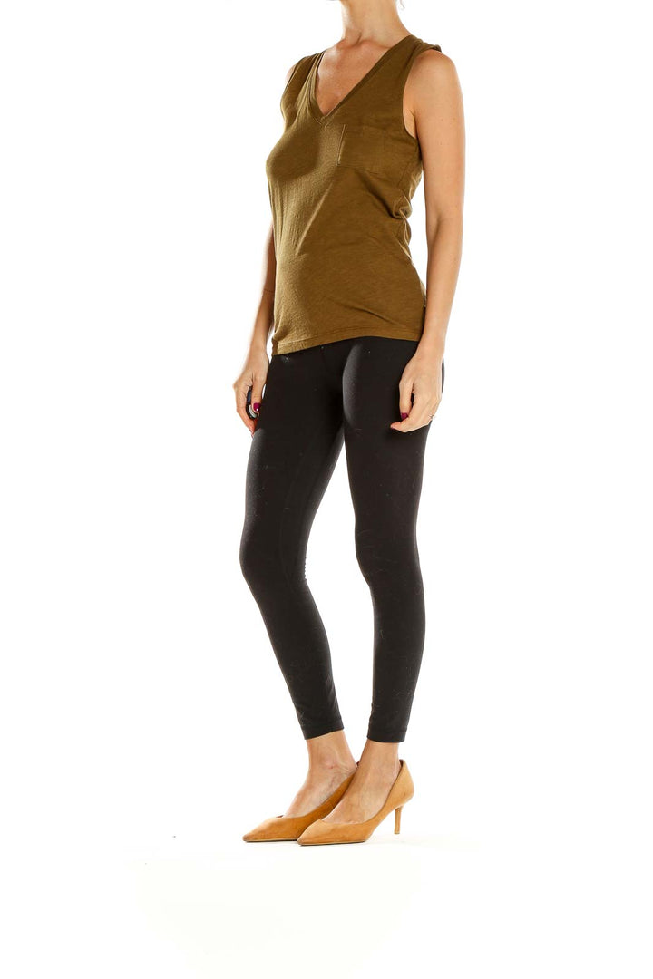 Front view of Madewell olive V-neck sleeveless top with pocket detail