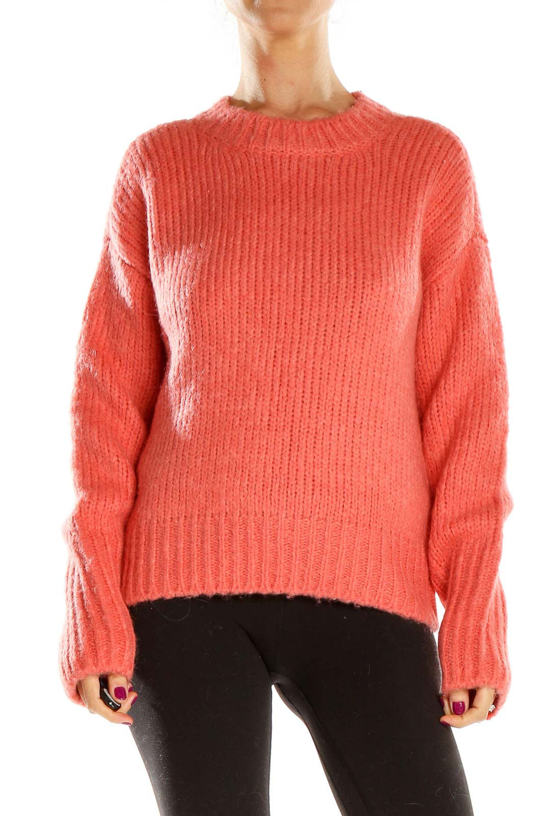 Front view of coral chunky knit sweater by Sanctuary