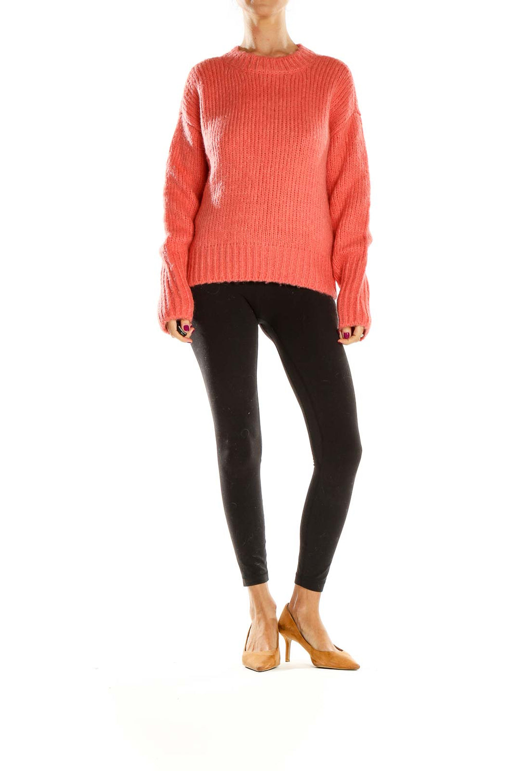 Front view of coral chunky knit sweater by Sanctuary