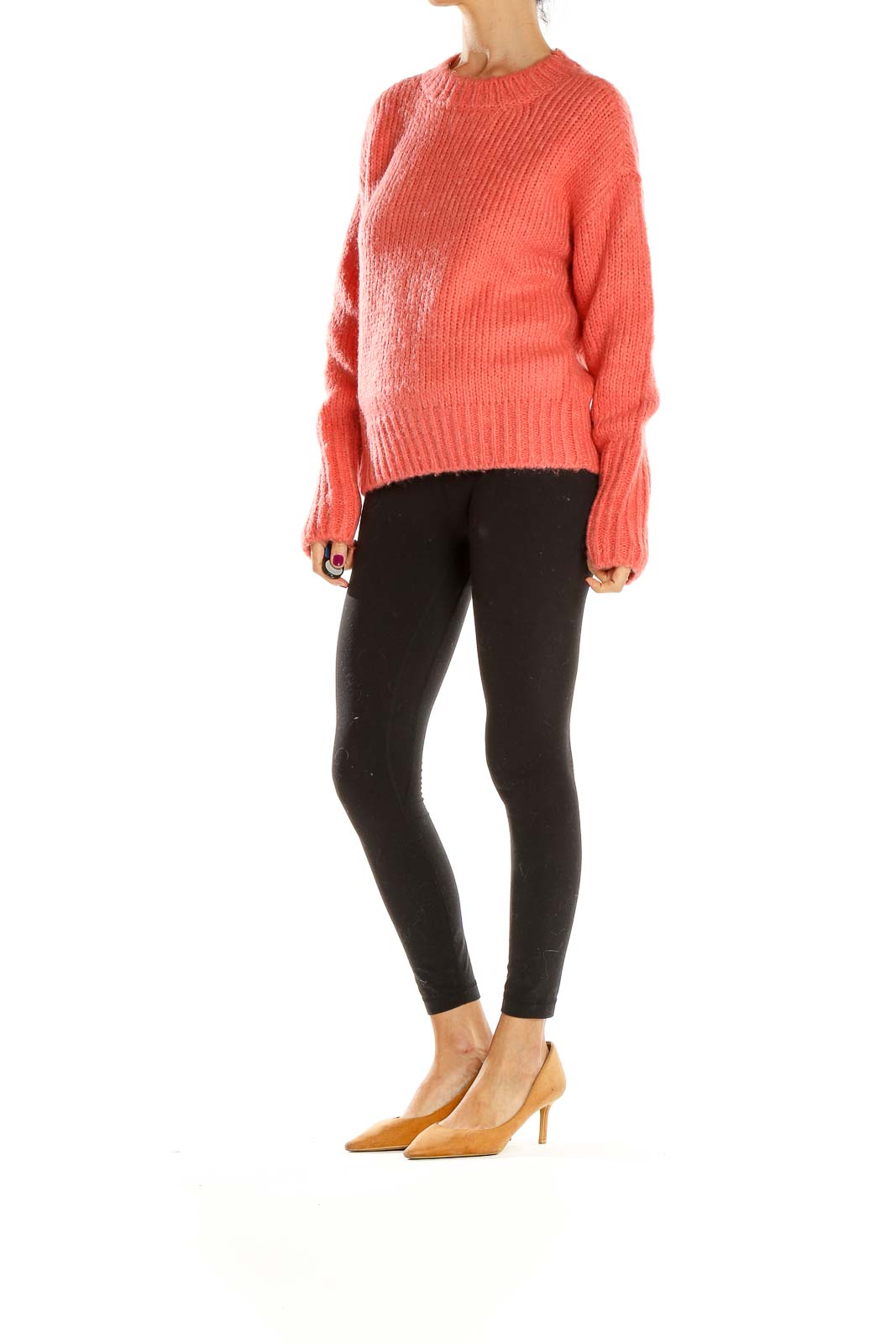 Front view of coral chunky knit sweater by Sanctuary