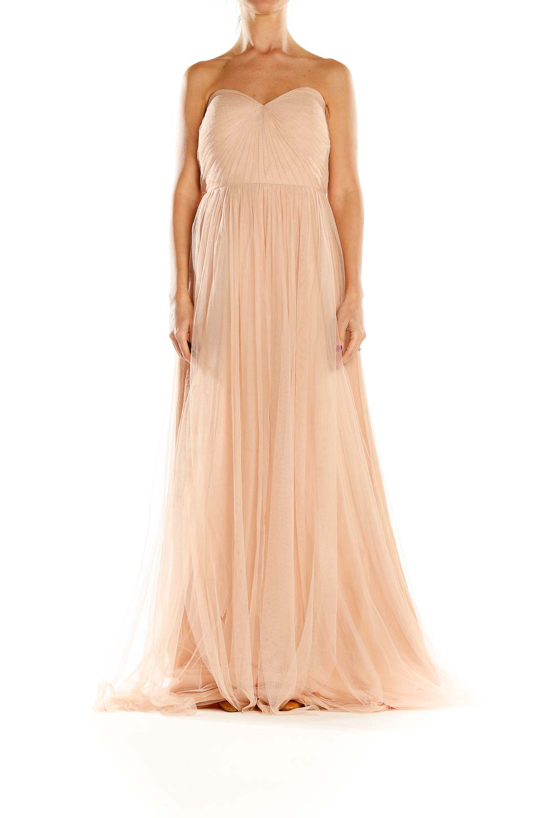 Front view of blush strapless tulle maxi dress by Jenny Yoo Collection