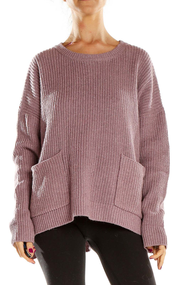 Front view of Melloday mauve ribbed oversized sweater with front pockets