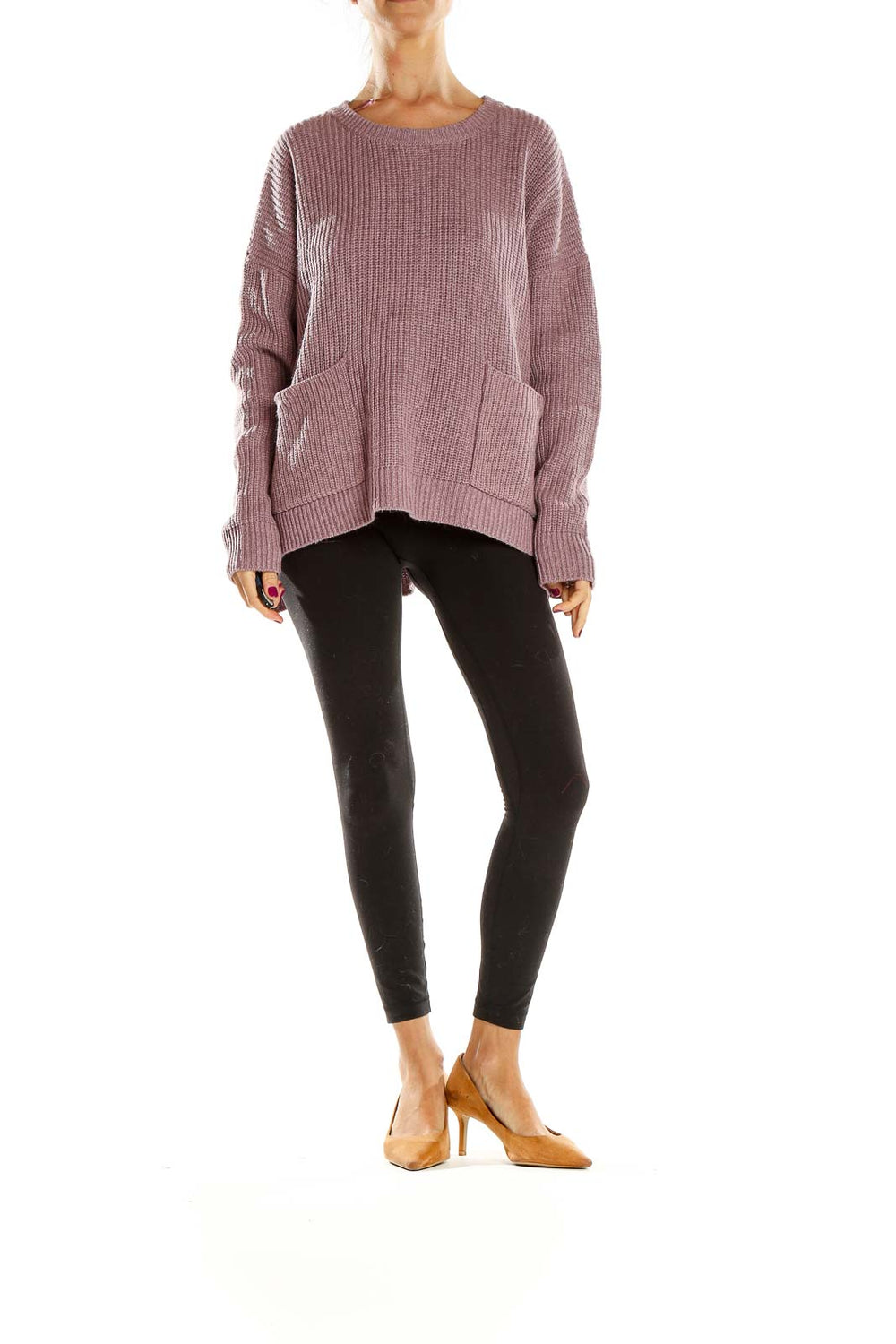 Front view of Melloday mauve ribbed oversized sweater with front pockets
