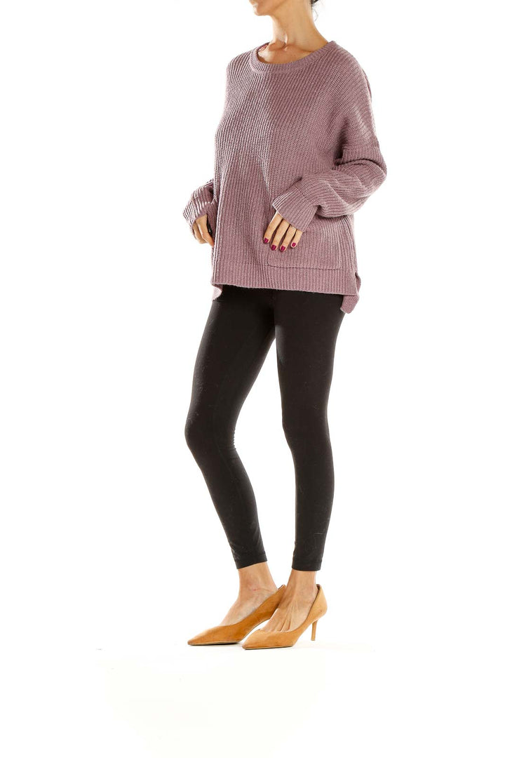 Front view of Melloday mauve ribbed oversized sweater with front pockets