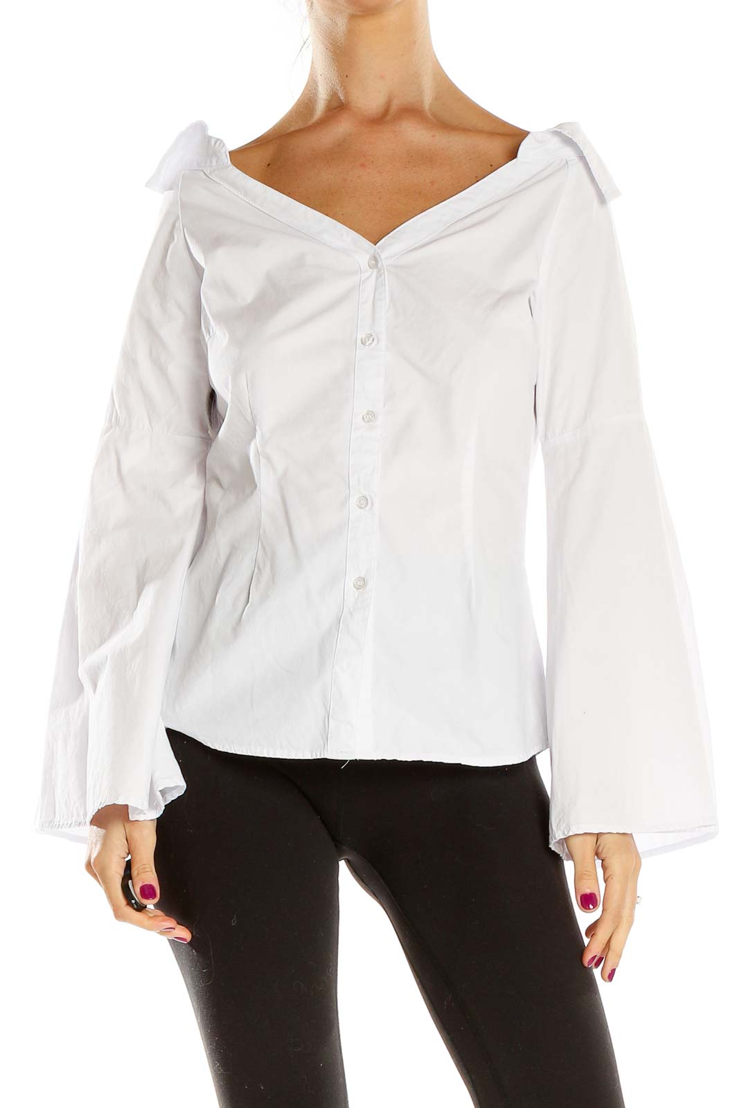 Front view of white off-shoulder button-down blouse with bow details