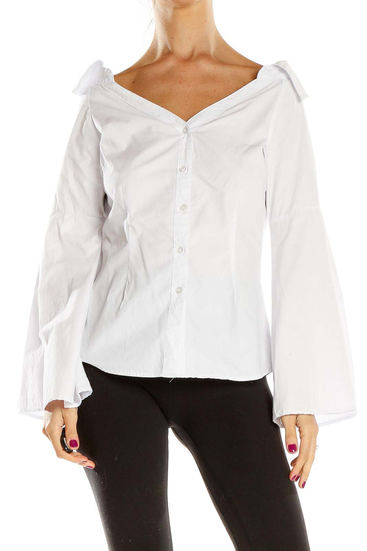 Front view of white off-shoulder button-down blouse with bow details