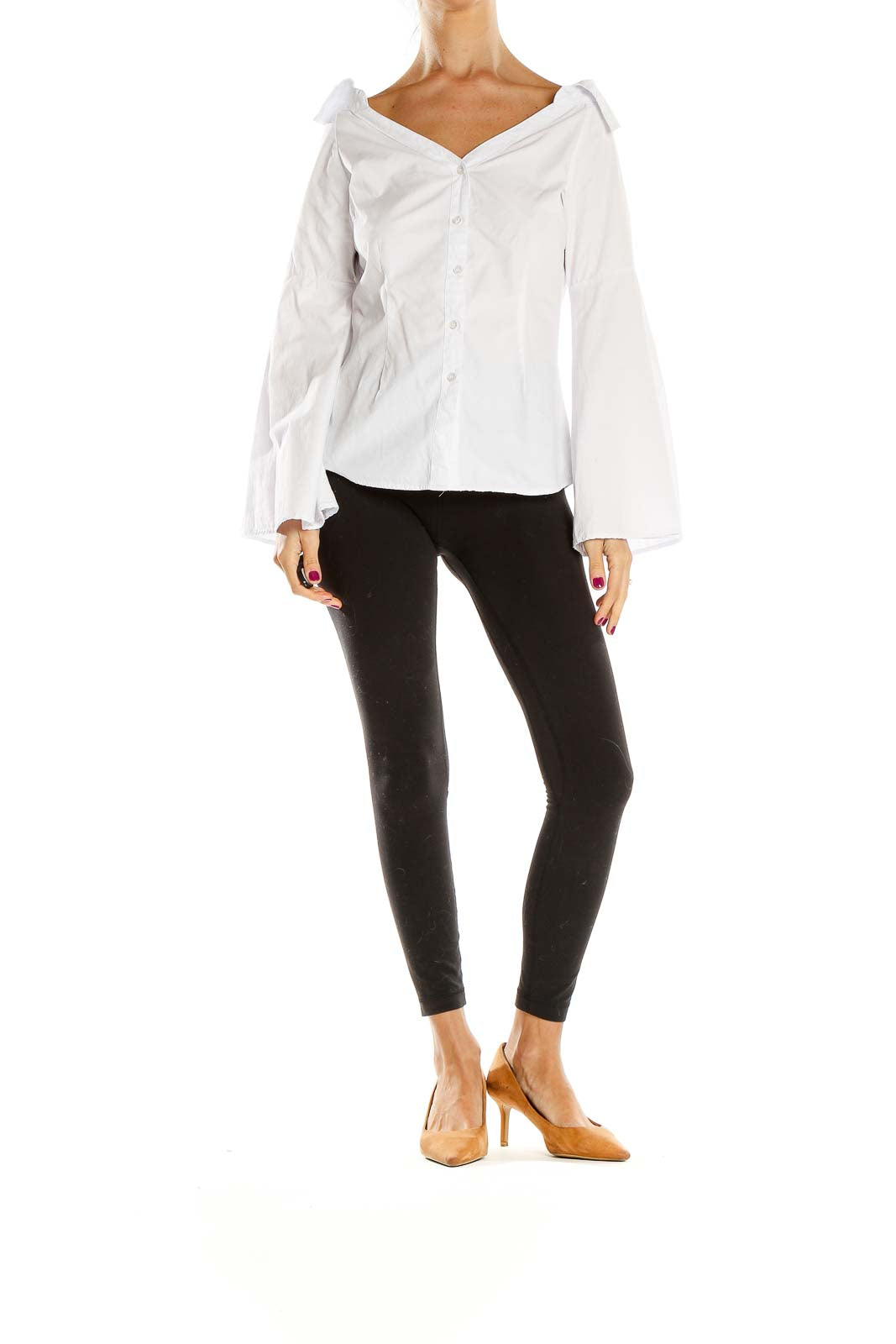 Front view of white off-shoulder button-down blouse with bow details
