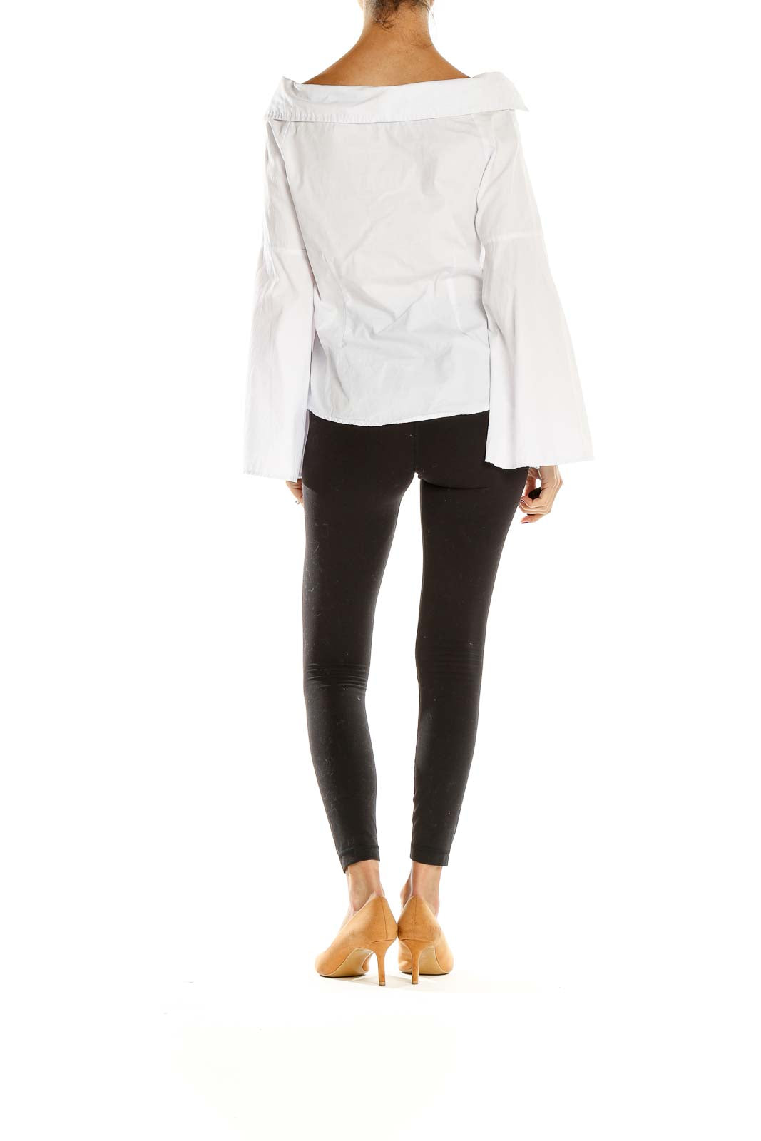 Side view of white off-shoulder blouse with bell sleeves