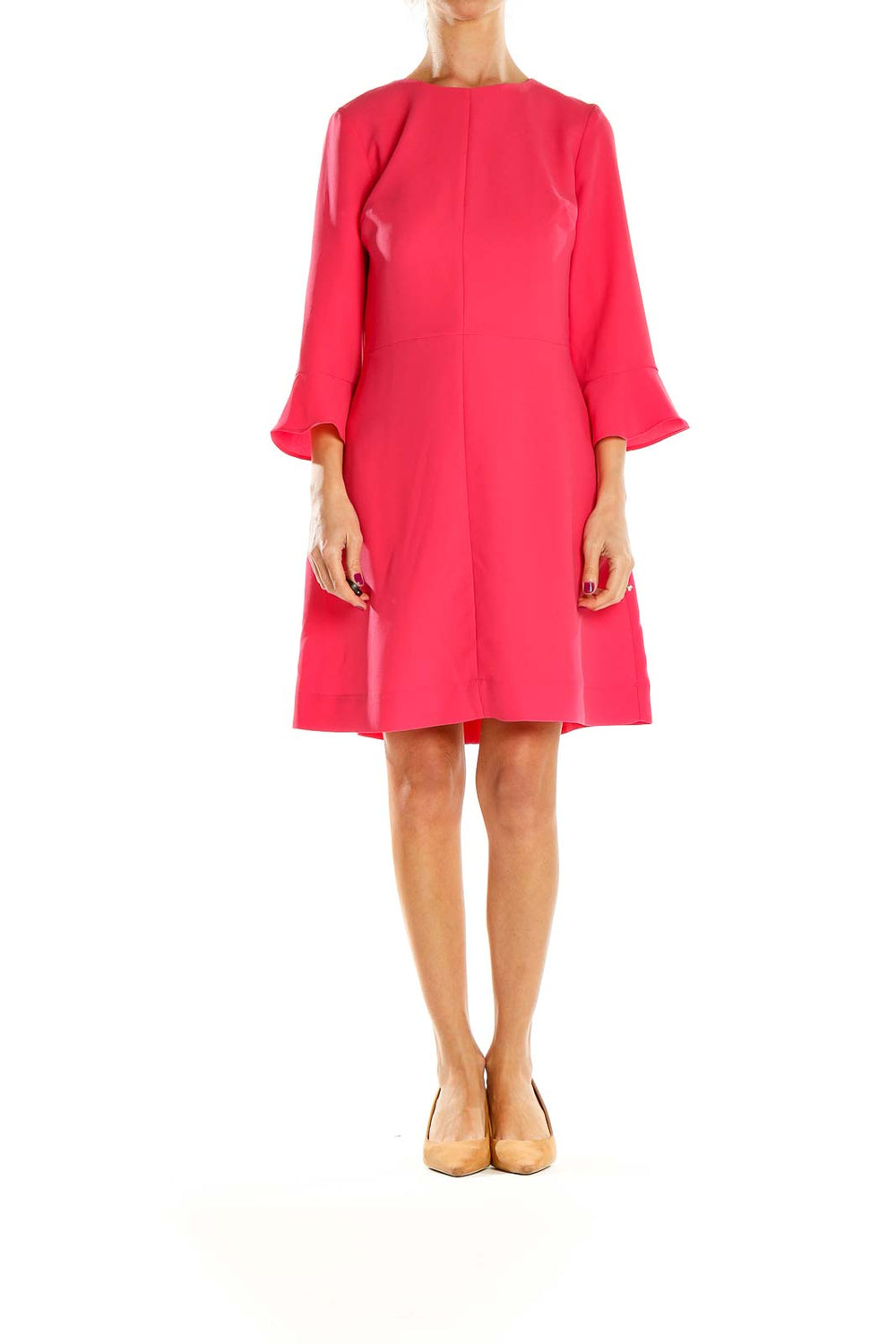 Front view of pink Banana Republic A-line dress with flared sleeves