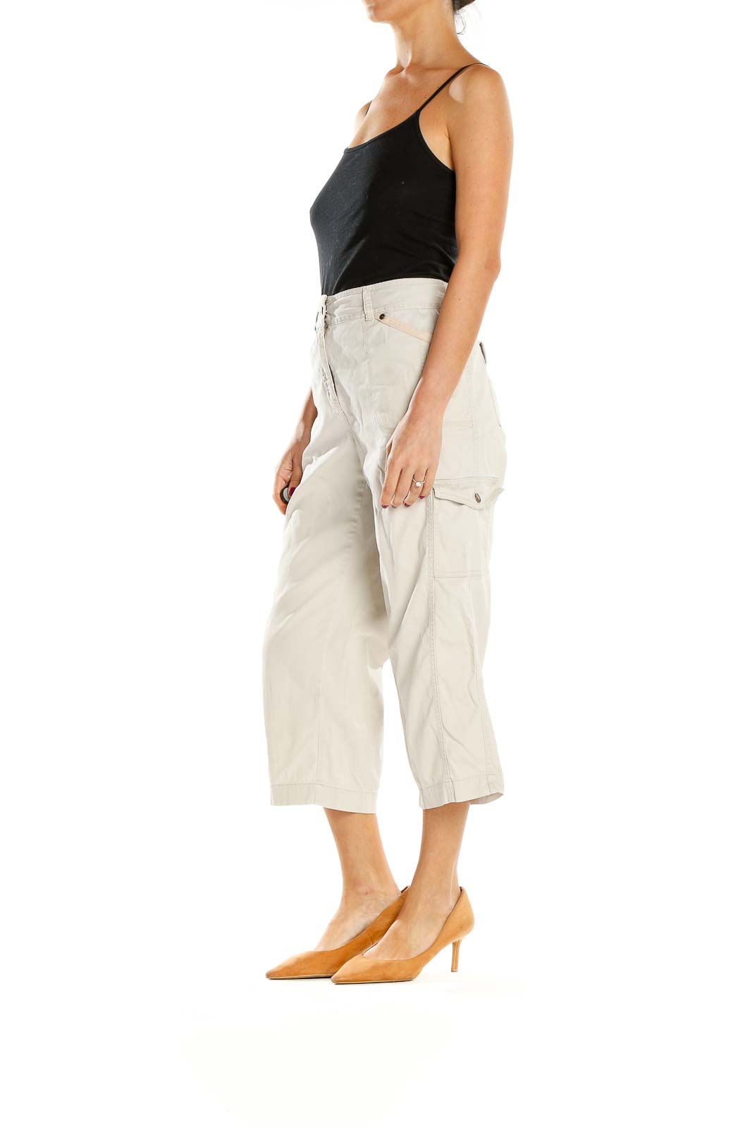 Front view of Charter Club beige wide-leg cropped cargo pants