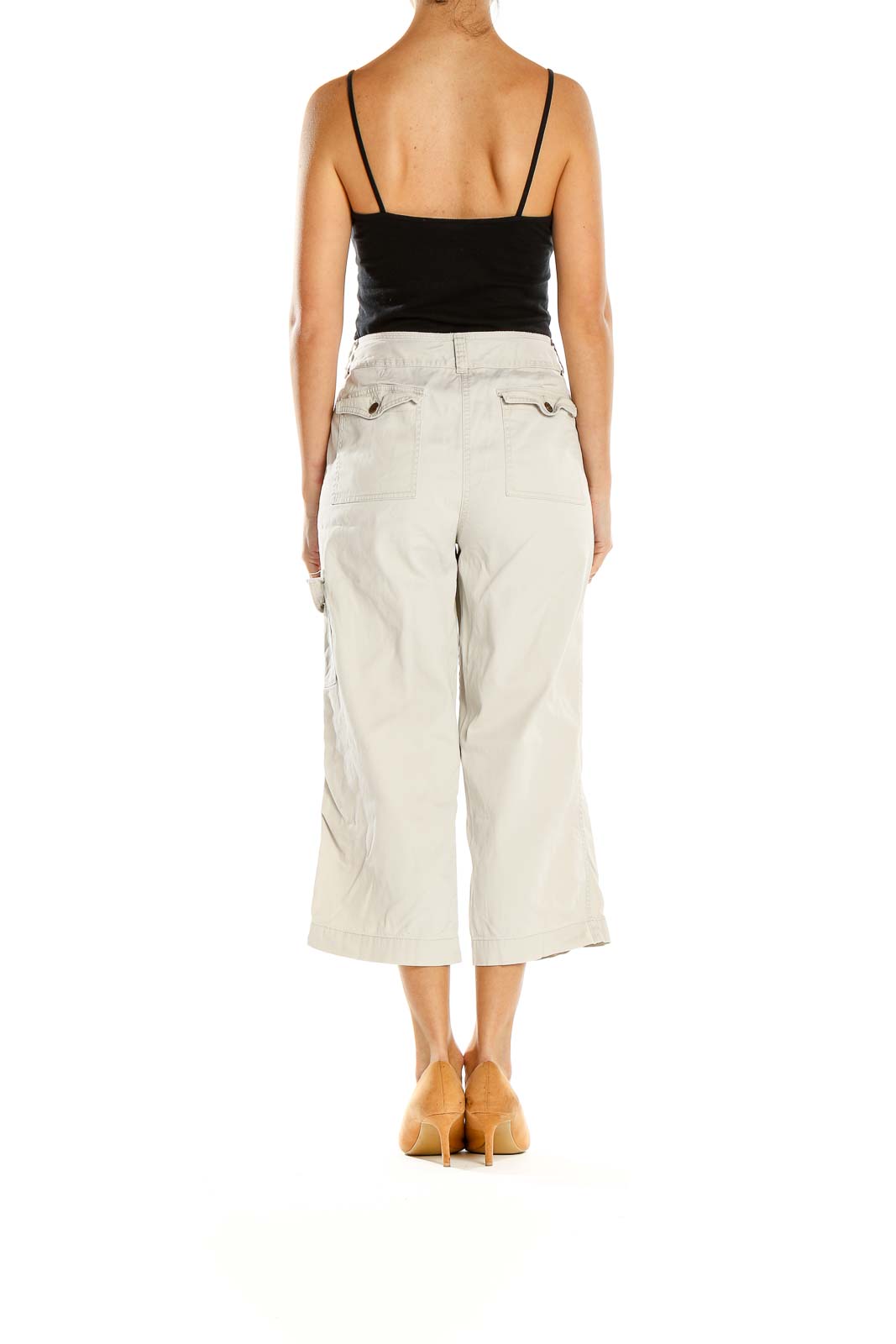 Side view of Charter Club beige wide-leg cropped cargo pants on model