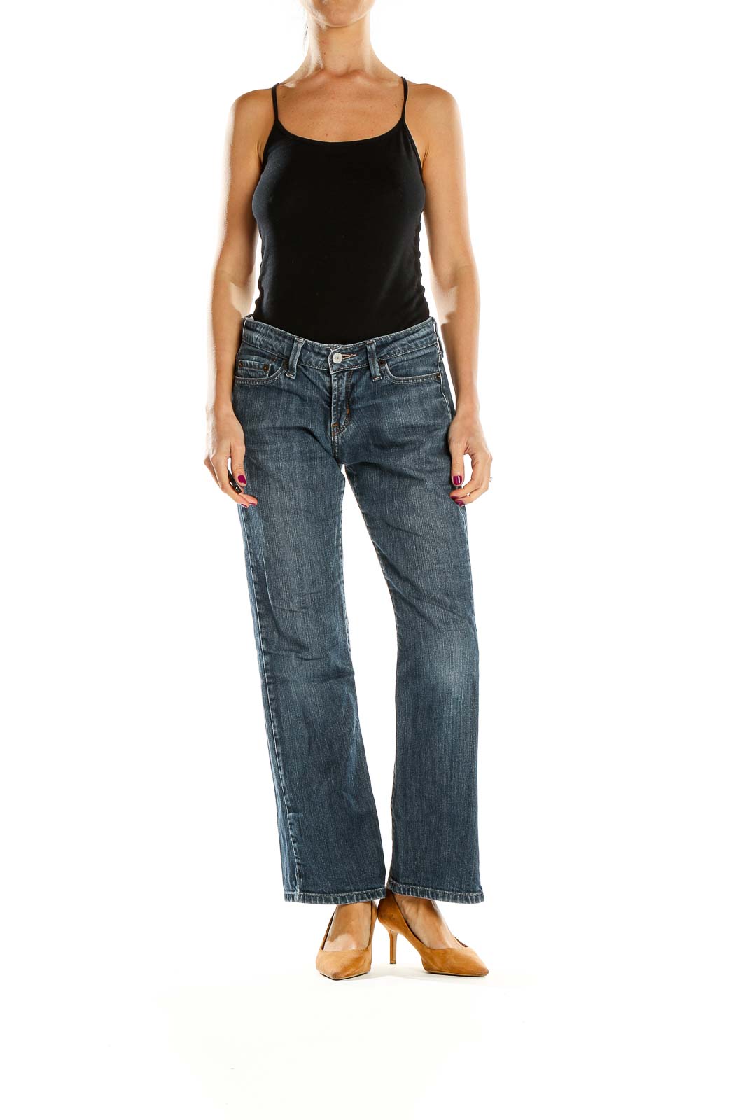 Front view of Levi's blue bootcut jeans on model