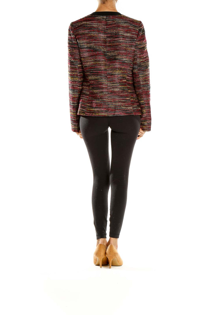 Side view of model wearing Kasper multicolor striped open-front jacket with black pants