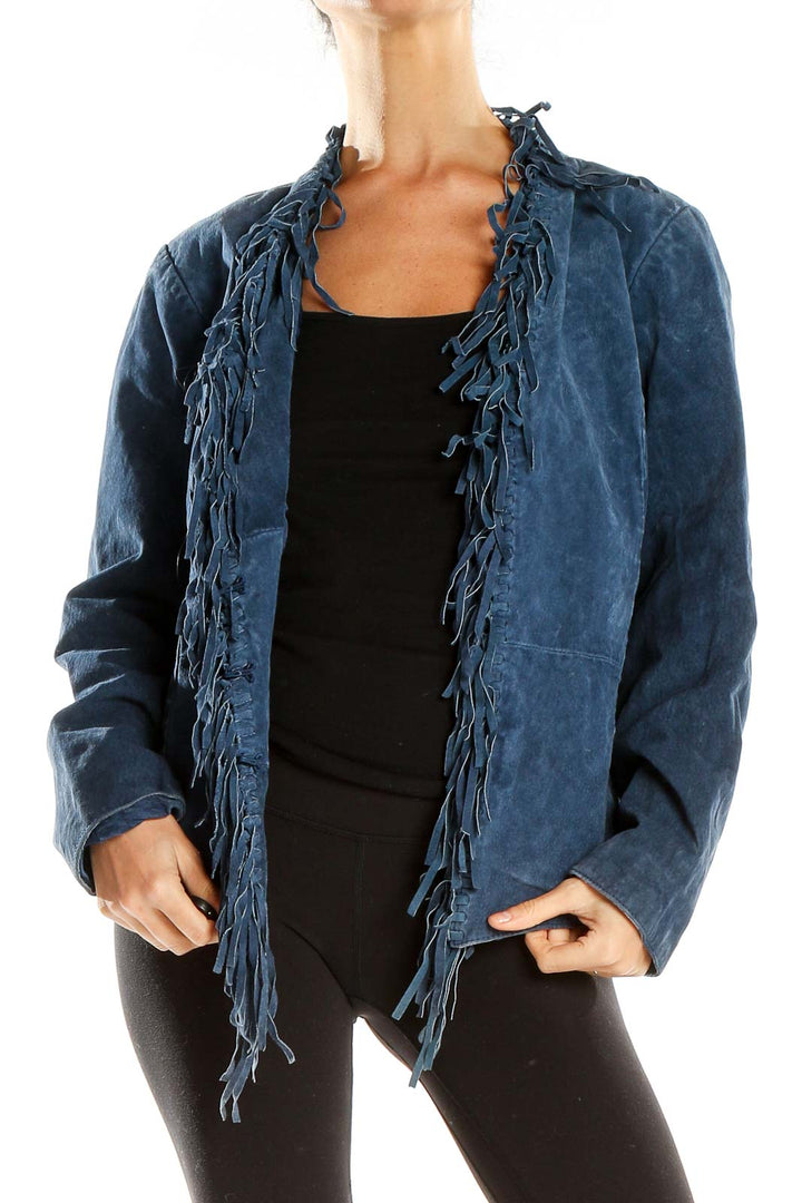 Front view of Dialogue blue suede fringe jacket with open front design