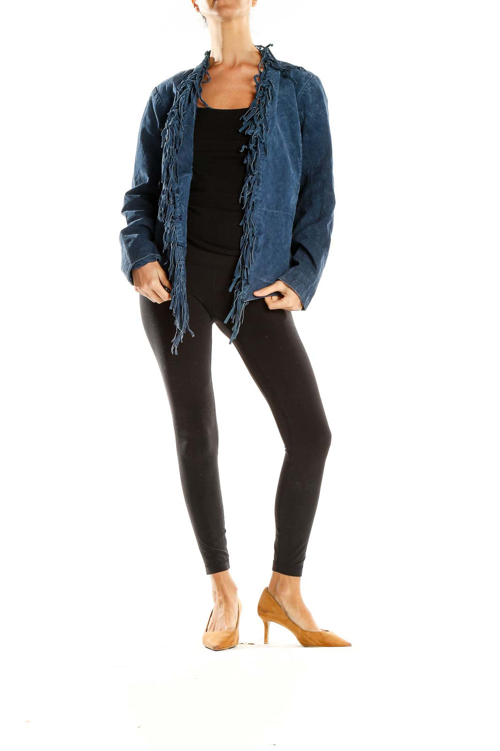 Front view of Dialogue blue suede fringe jacket with open front design