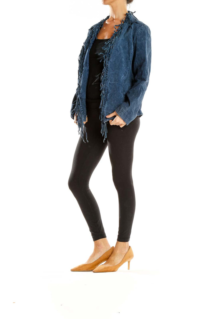 Front view of Dialogue blue suede fringe jacket with open front design