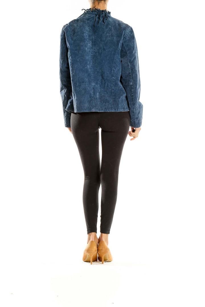 Side view of Dialogue blue suede fringe jacket showing hip-length cut